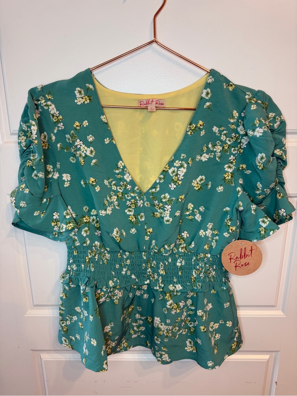 Rabbit Rose Teal Floral Smocked Waist V-Neck Blouse